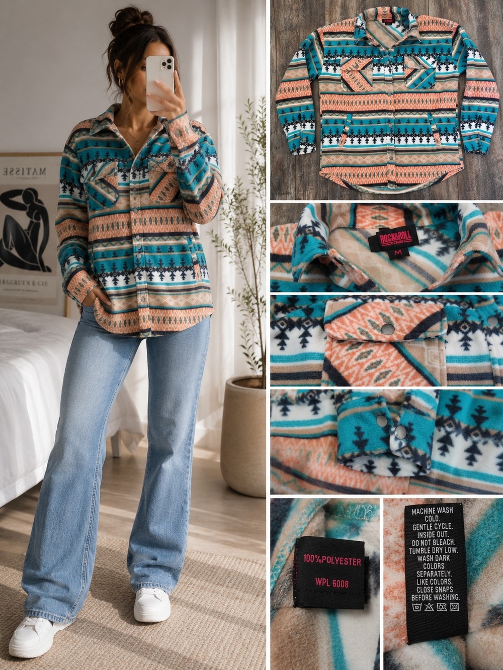 Aztec-Print Shacket with Snaps in Teal & Peach sz. M